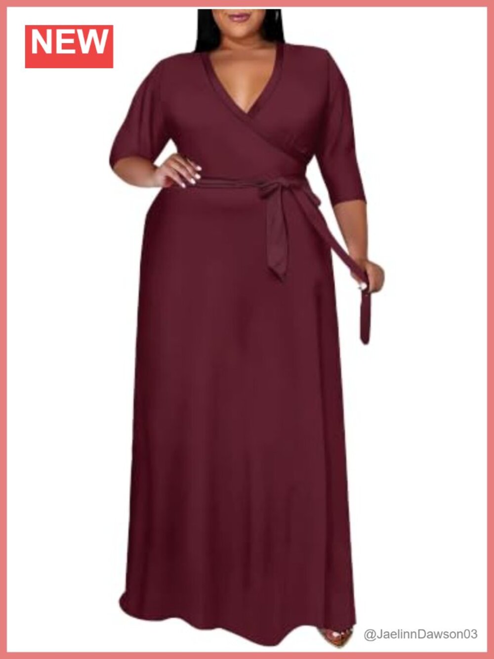 Plus Size Wrap Maxi Dress 3/4 Sleeve Belted V-Neck